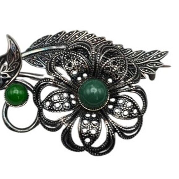 Green Cabochon Floral Vintage Filigree Spanish Brooch - Picture 4 of 9